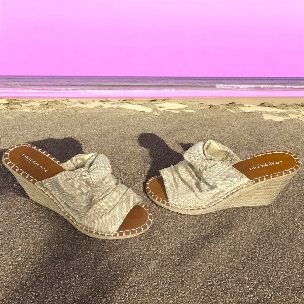 Women's Size 9.5 London Fog Beige Open Toe Summer Wedge Espadrilles Sandals Bows
